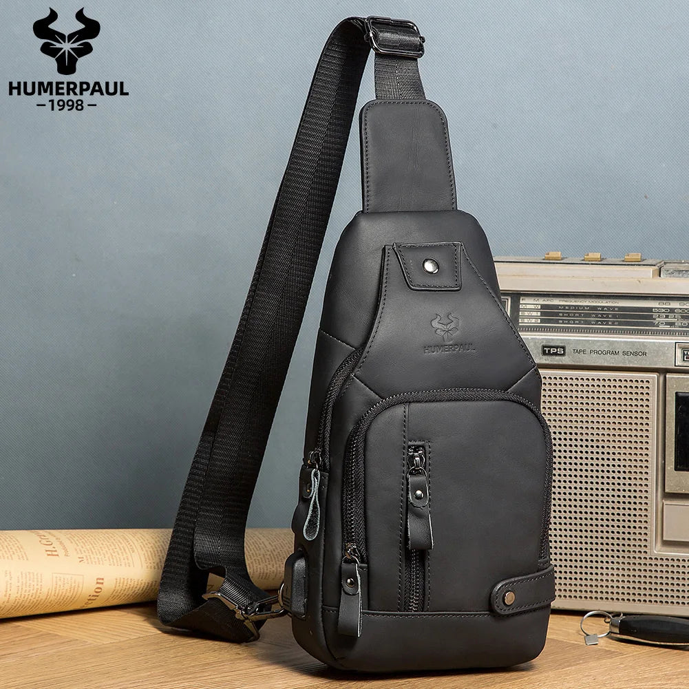 Men's Genuine Leather USB Chest Bag - Crossbody Messenger with USB Port | OWNLUXE
