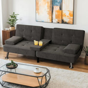 Modern Linen Convertible Futon Sofa Bed with Cup Holders