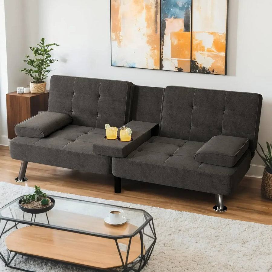 Modern Linen Convertible Futon Sofa Bed with Cup Holders