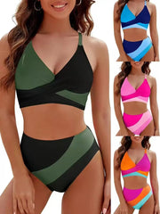 Two-Piece Color Block Bikini Set – Mid-Waist, Wire-Free Comfort