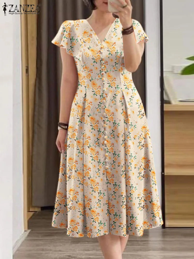 Bohemian A-Line Floral Print Mid-Calf Dress