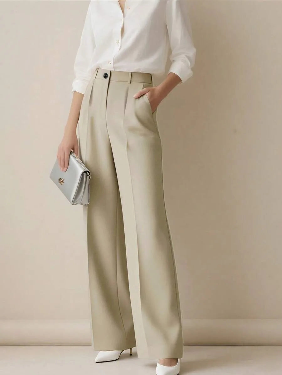 Women's High Waist Work Trousers - Casual Loose Fit Pants with Pockets