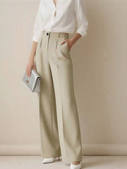 Women's High Waist Work Trousers - Casual Loose Fit Pants with Pockets