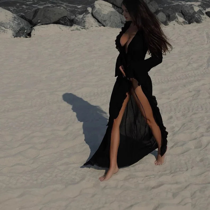 Maxi V-Neck Ruffle Flared Swim Cover-Up | OWNLUXE