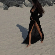 Maxi V-Neck Ruffle Flared Swim Cover-Up | OWNLUXE