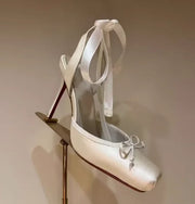 New style high heels with straps, satin toe cover, hollow square bow, thin heel, ballet style single shoes35-46
