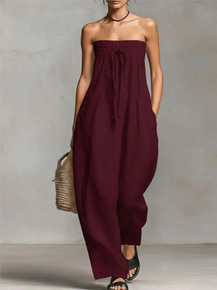 Strapless Wide-Leg Off-Shoulder Backless Jumpsuit | OWNLUXE