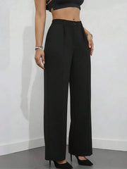 Women's High Waist Work Trousers - Casual Loose Fit Pants with Pockets