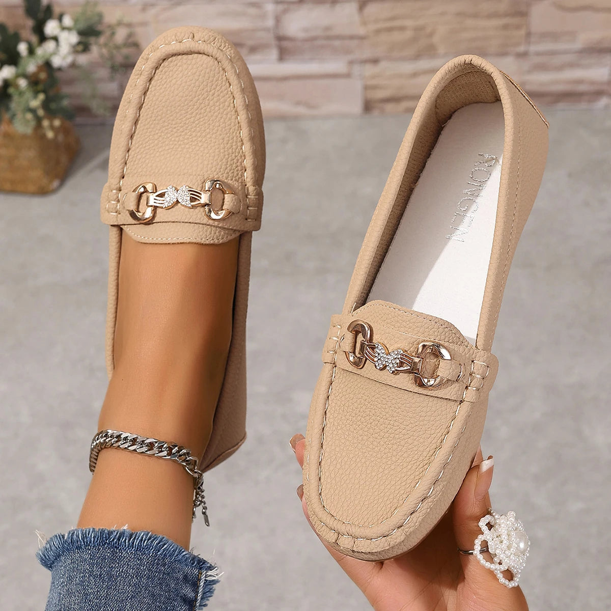 Women's Low Heel Loafers (Beige) – Shop at OWNLUXE
