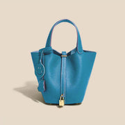 Genuine Cowhide Leather Bucket Bag - Fashion Lock Handbag with Phone Pocket | OWNLUXE