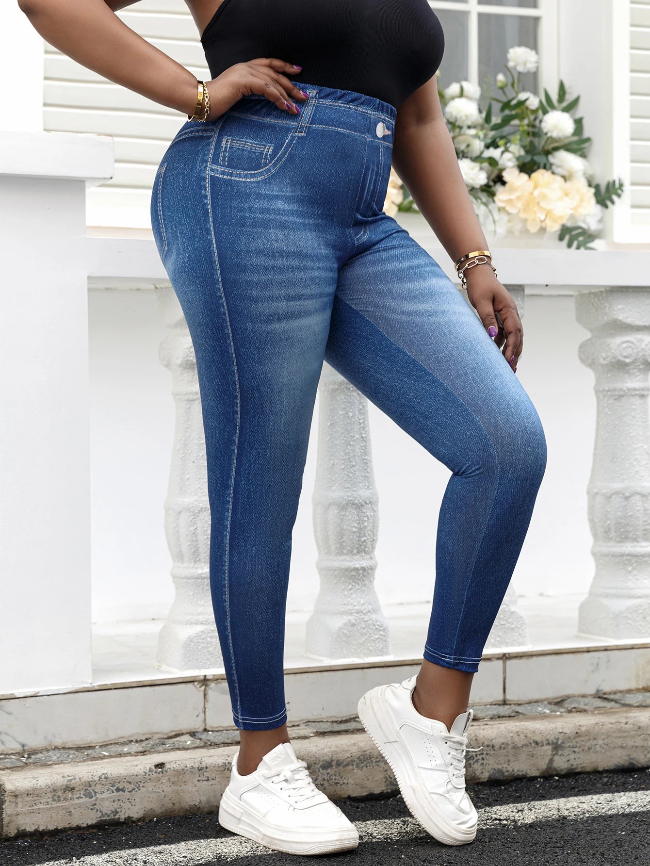 Plus Size Imitation Jeans Leggings - Vintage Wash Stretchy Pants