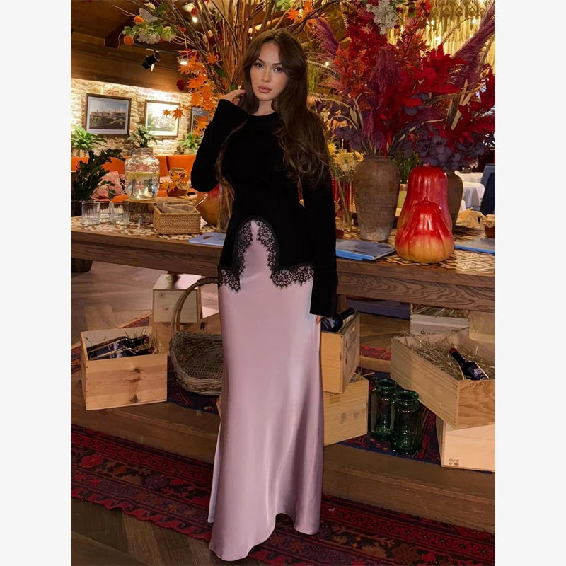 Sexy Black Lace Patchwork Slim Shirt Women Elegant Round Neck Long Sleeve Irregular Hem Top 2026 Lady Spring Autumn Chic Wear