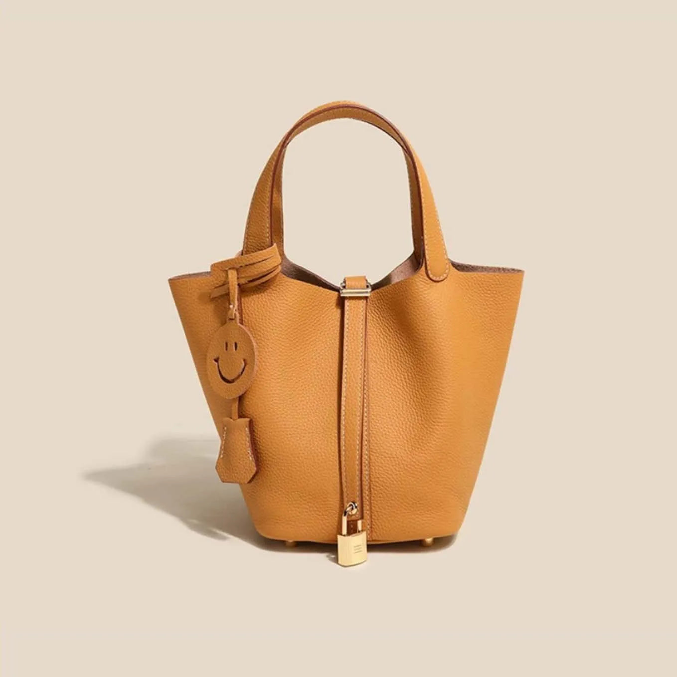 Genuine Cowhide Leather Bucket Bag - Fashion Lock Handbag with Phone Pocket | OWNLUXE