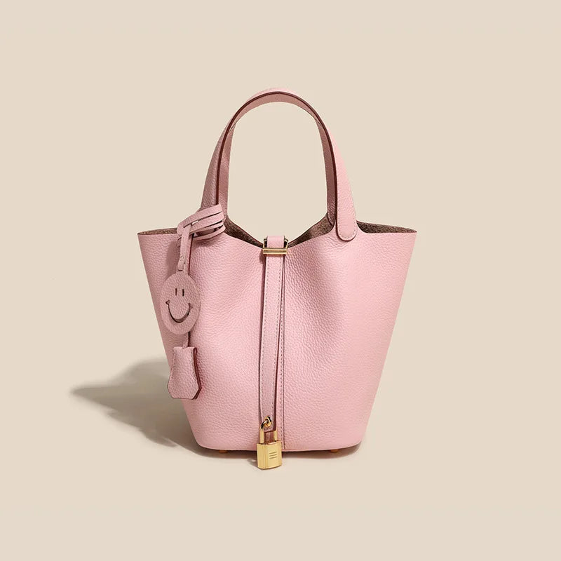 Genuine Cowhide Leather Bucket Bag - Fashion Lock Handbag with Phone Pocket | OWNLUXE