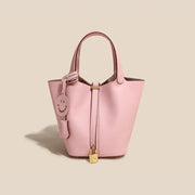 Genuine Cowhide Leather Bucket Bag - Fashion Lock Handbag with Phone Pocket | OWNLUXE