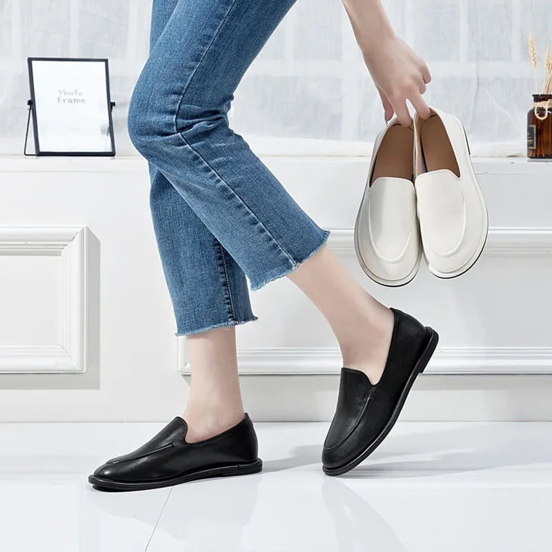 Women's Round Toe Leather Loafers (White) – Shop at OWNLUXE