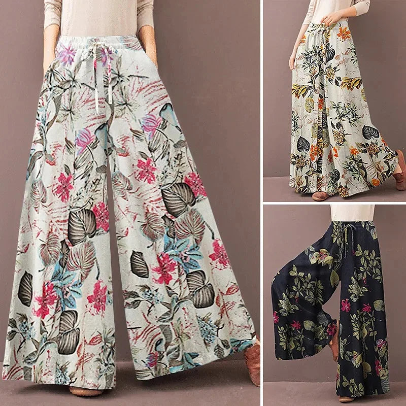 Floral Wide Leg Pants – Bohemian Drawstring
