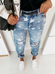 2025 Autumn Boyfriend Jeans - Slim Ripped Jeans with Star Detail