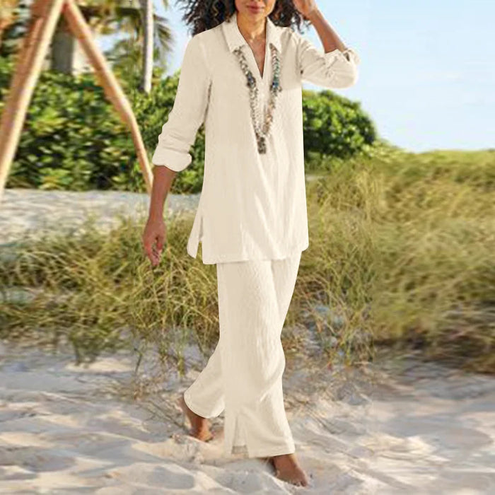 Cotton Linen 2-Piece Outfit Set - Casual V-Neck Shirt & Pants | OWNLUXE