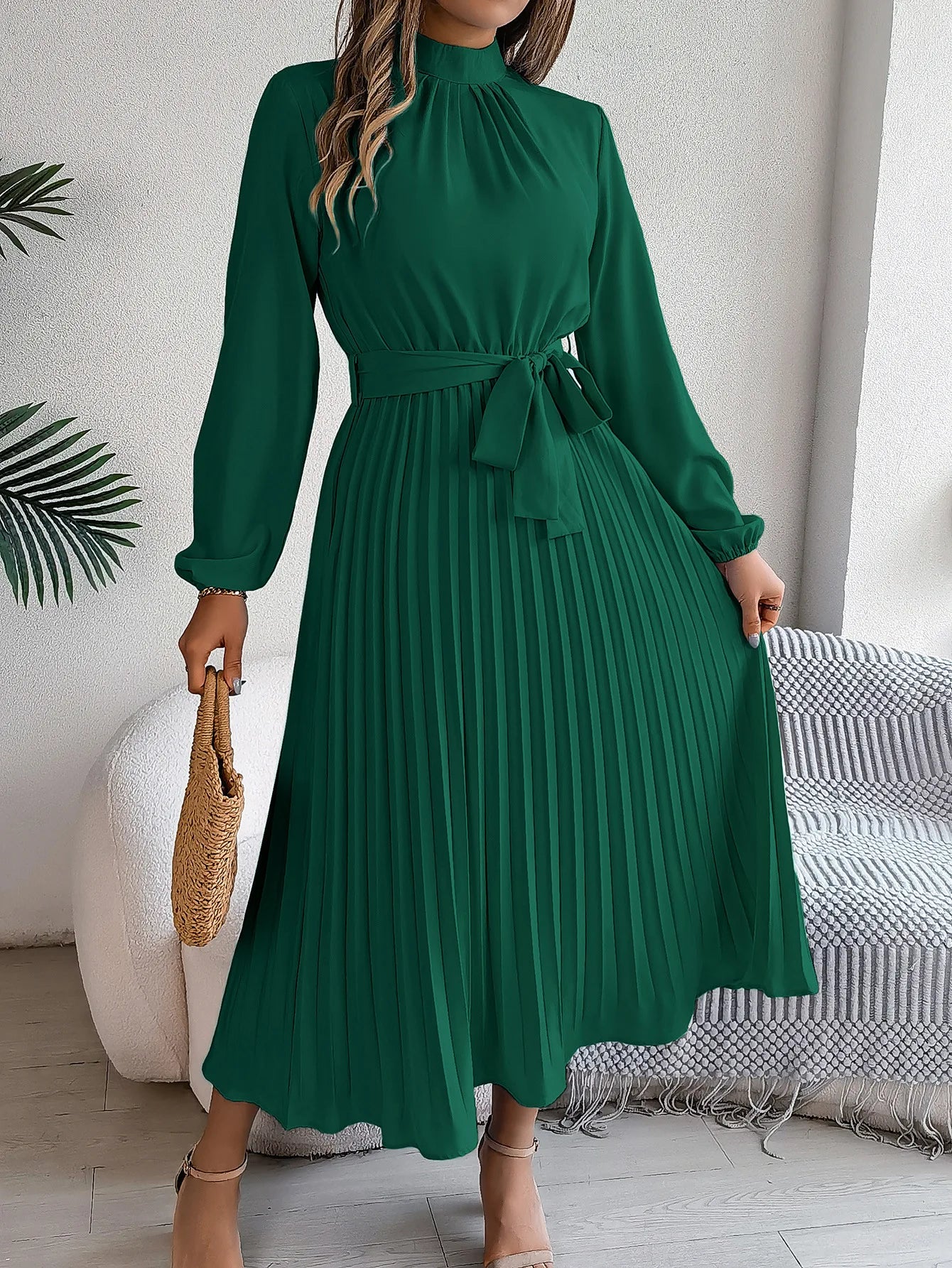 Slim-Fit A-Line Solid Dress with Stand Collar – Ankle-Length, Sashes Detail, Autumn/Winter