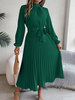 Load image into Gallery viewer, Slim-Fit A-Line Solid Dress with Stand Collar – Ankle-Length, Sashes Detail, Autumn/Winter

