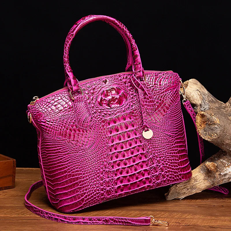 Crocodile Embossed Leather Handbag - Classic Shoulder Bag