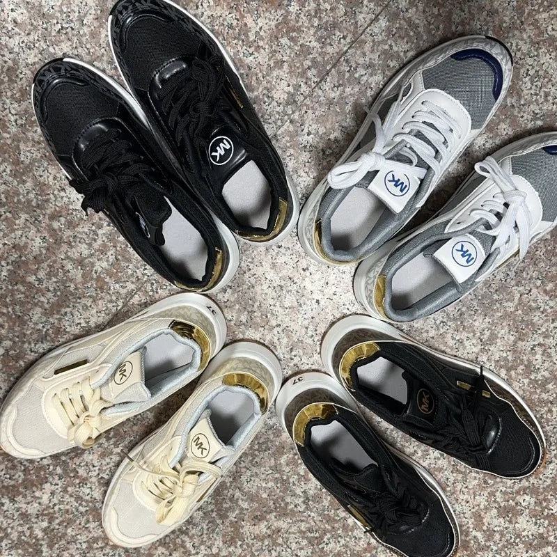 Women's Patchwork Lace-Up Sneakers – Waterproof Mid-Heel Comfort | Baskets à lacets patchwork imperméables pour femme – Talon moyen confortable