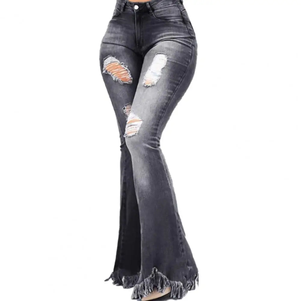 Women’s High-Waisted Ripped Flare Jeans with Tassel Hem