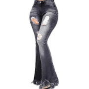 Women’s High-Waisted Ripped Flare Jeans with Tassel Hem