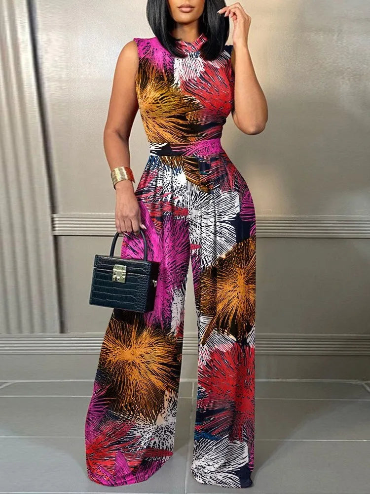 Wide-Leg Printed Sleeveless Jumpsuit | OWNLUXE