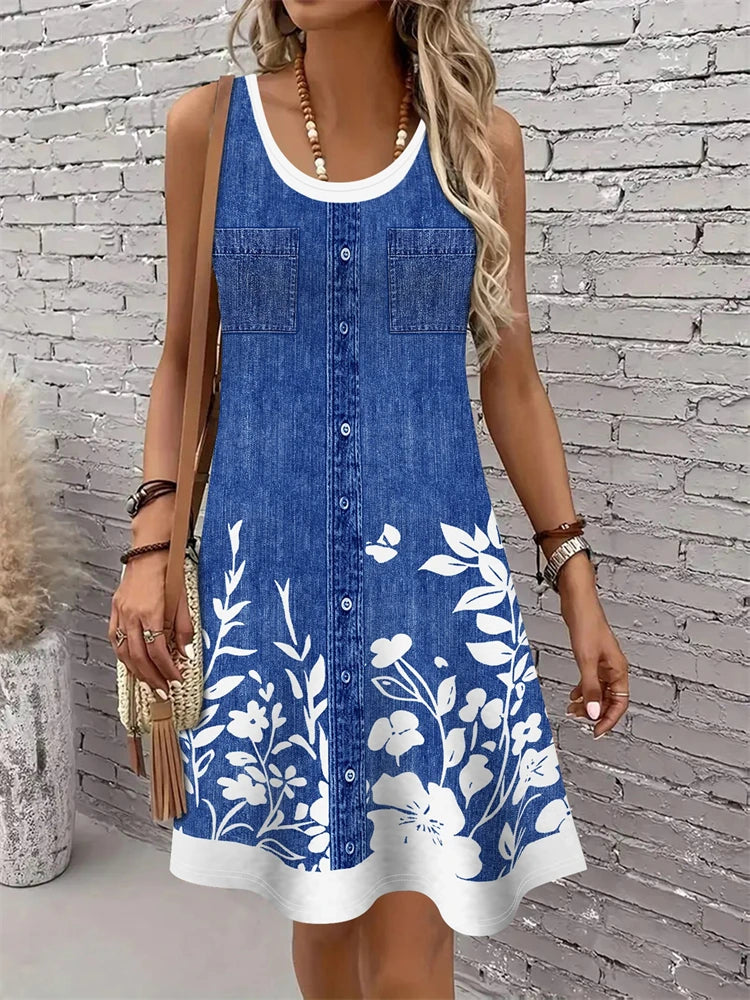 Floral Print Sleeveless Round-Neck Dress | OWNLUXE