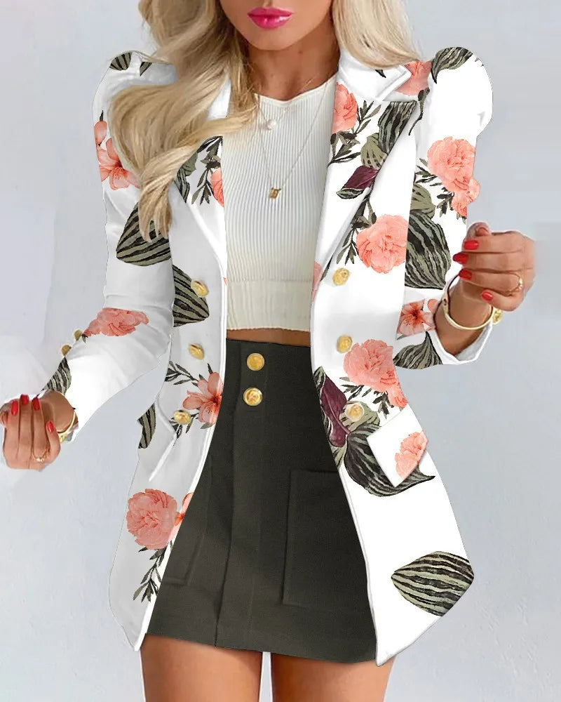 Women's Elegant Plaid Print Blazers Skirt Two Piece Set Notched Long Sleeve | OWNLUXE