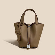 Genuine Cowhide Leather Bucket Bag - Fashion Lock Handbag with Phone Pocket | OWNLUXE