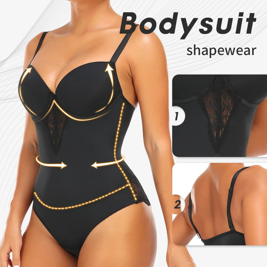 Lace Shapewear Bodysuit with Built-In Bra - Firm Control Body Shaper