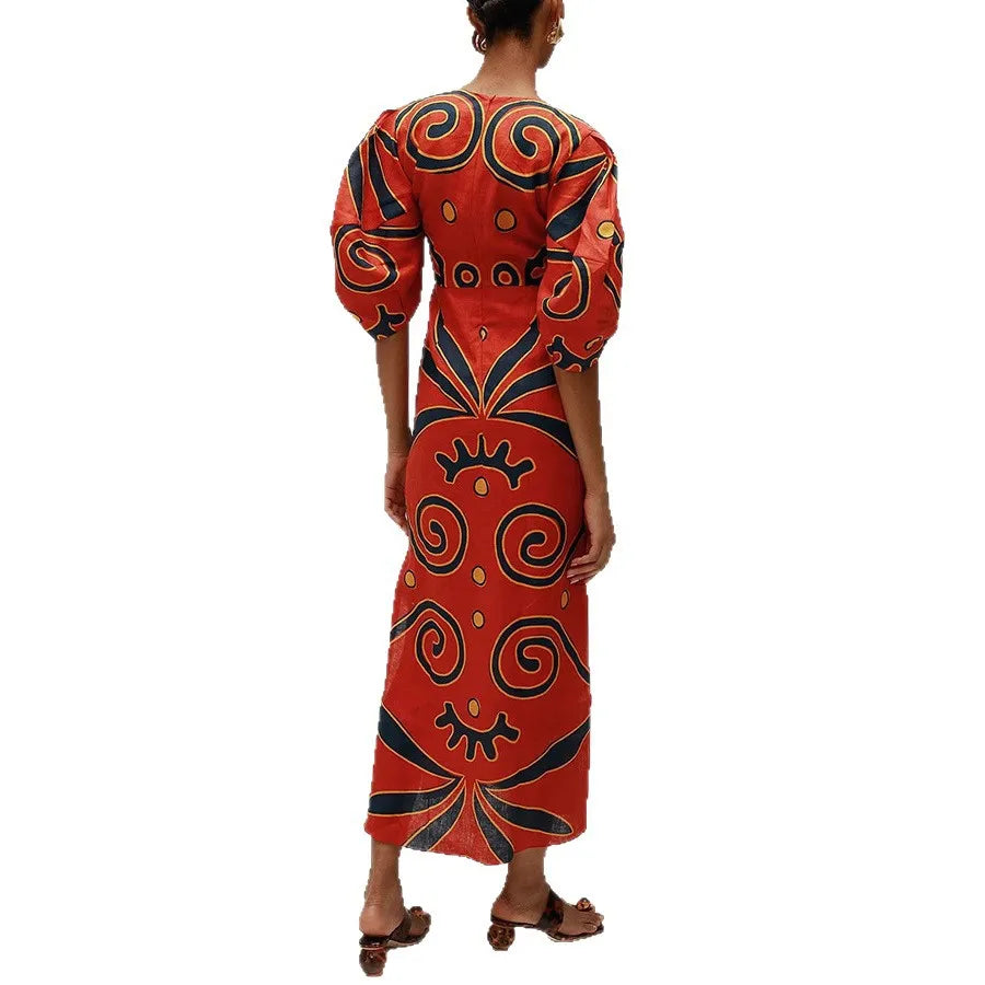 High-Waist V-Neck Linen Dress | OWNLUXE