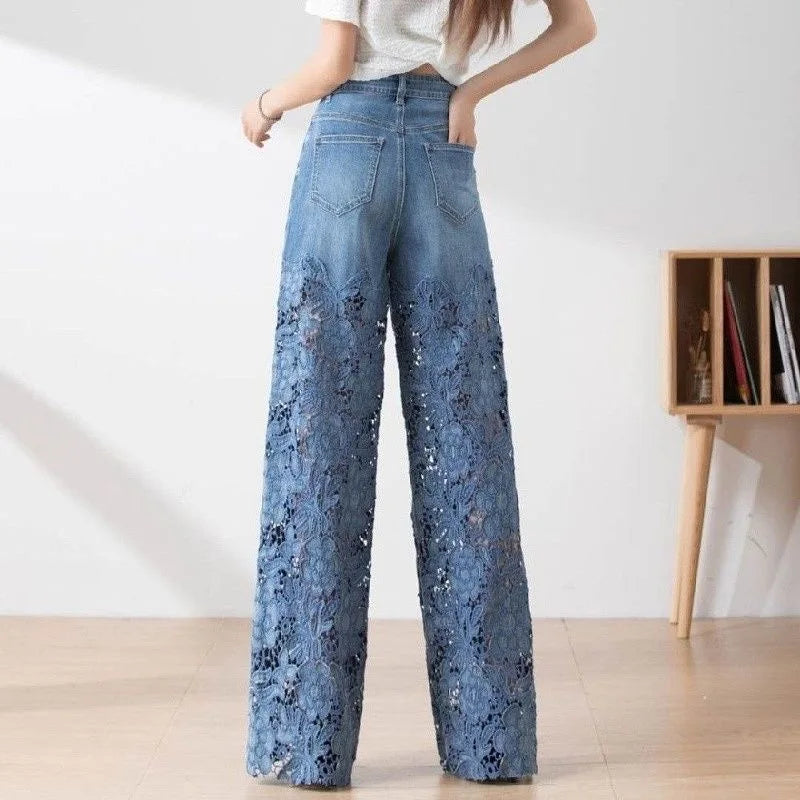 High-Waist Denim Lace Patchwork Pants | OWNLUXE