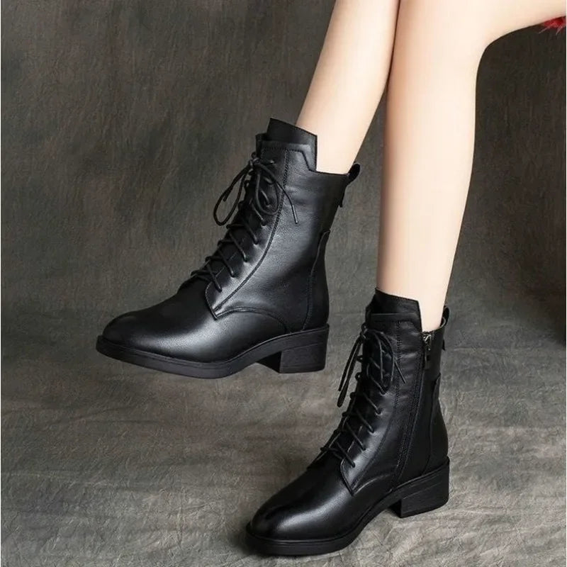 European and American Retro Short Boots Women's 2023 New Versatile Soft Leather Mid Heel Plush Women's Boots Zapatillas De Mujer
