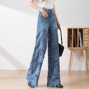 Women's Y2K High Waist Wide Leg Jeans - Lace Patchwork Denim Pants