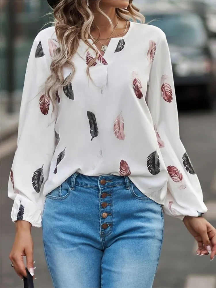 Women's Printed V-Neck Blouse – Lightweight Loose-Fit Top