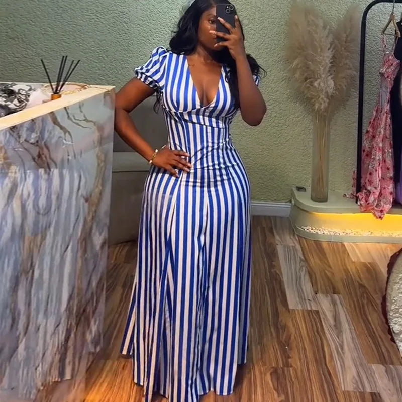 V-Neck Short-Sleeve Striped Maxi Dress | OWNLUXE