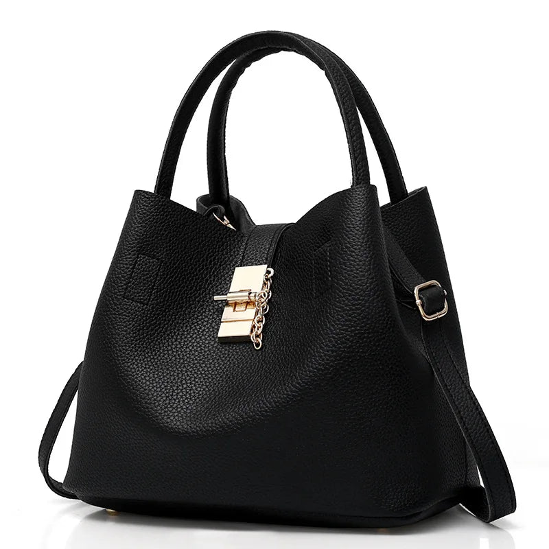 Large Capacity PU Leather Bucket Bag – Structured Shoulder Handbag with Hasp Closure