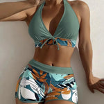 Load image into Gallery viewer, Fashion Printed Swimsuit Women Spliced Lace Up Sporty Surfing Bikini Set Bathing Suit Beachwear Swimwear Female Swimming Suits
