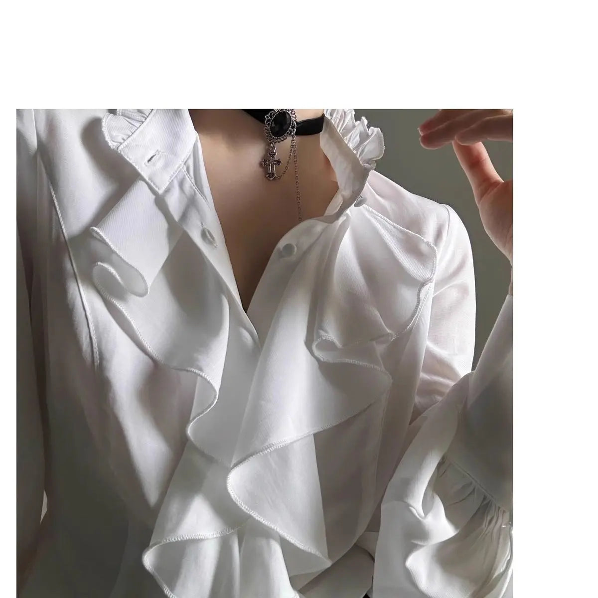 Harajuku Vintage Victorian Blouse - Ruffled Stand Collar Shirt
