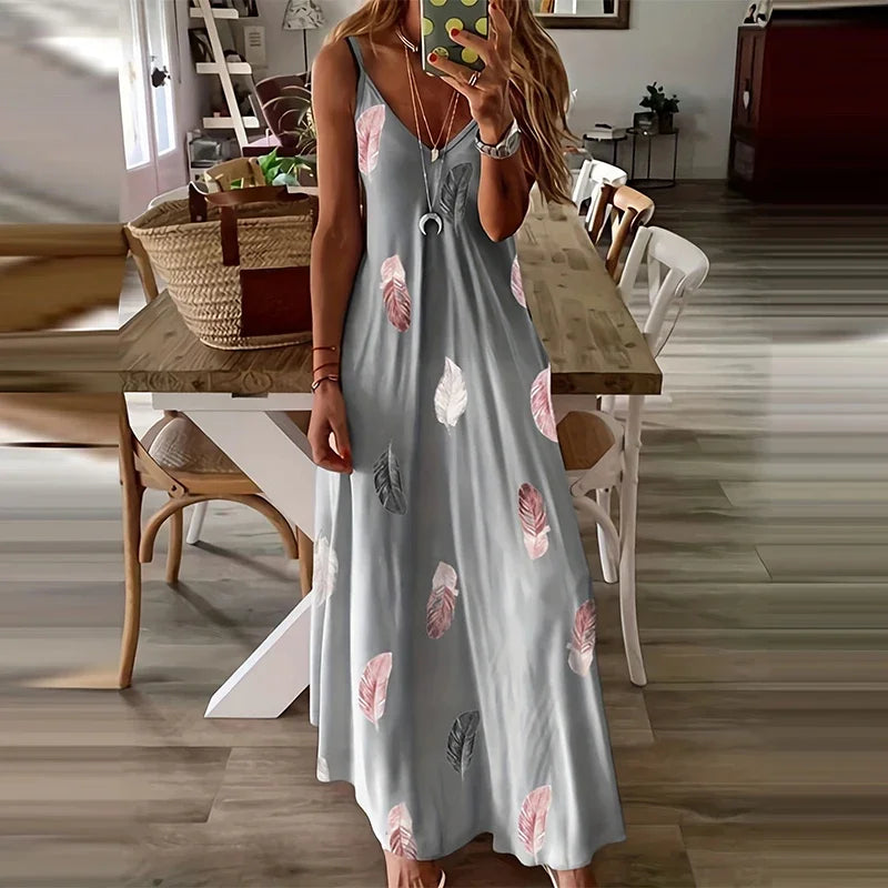 Elegant Printed Ankle-Length Beach Dress – Loose Fit V-Neck Camisole