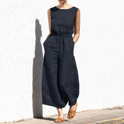High Waist Cotton Linen Jumpsuit – Wide Leg Ankle-Length