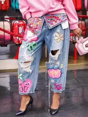 Floral Embroidery Rhinestone Jeans - High Waist Beaded Denim