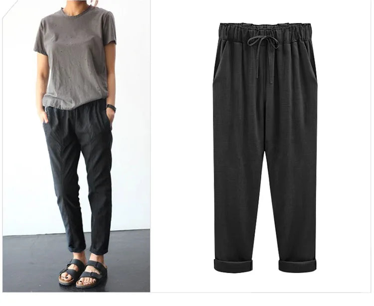 Cotton Linen Pants - Elastic Waist Ankle Length Casual Trousers