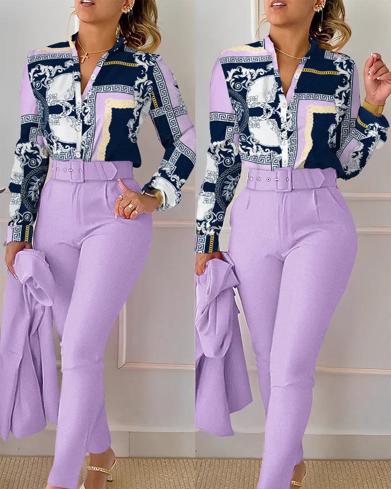 Elegant Print Shirt Pants Two Piece Set Long Sleeve High Waist | OWNLUXE