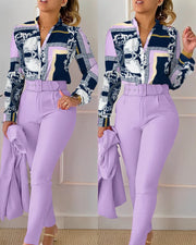 Elegant Print Shirt Pants Two Piece Set Long Sleeve High Waist | OWNLUXE