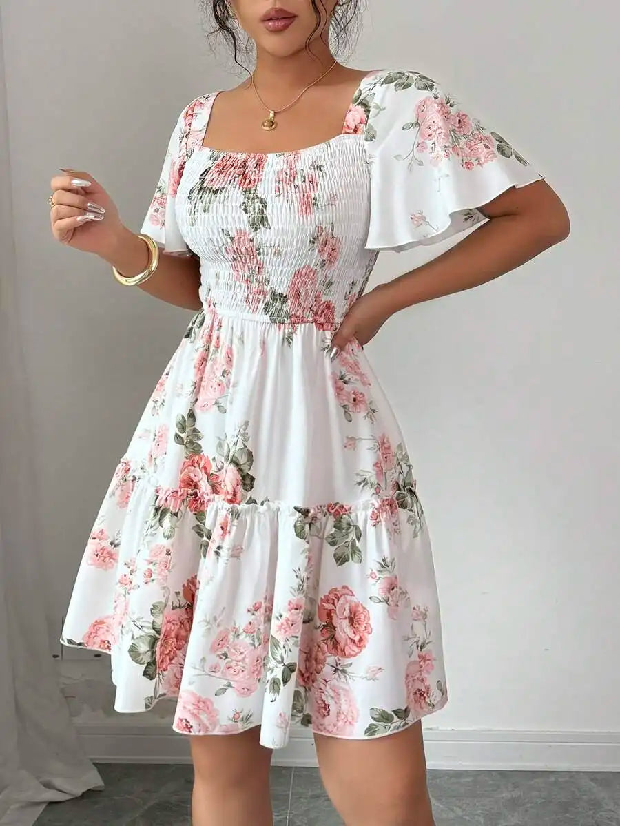 Floral Print Short-Sleeve Ruffle Dress | OWNLUXE